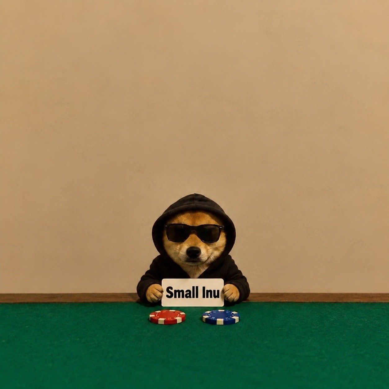 Tiny tan Shiba Inu in black sunglasses and a hoodie sitting at a green table with a Small Inu sign